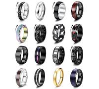 Besteel 16Pcs Stainless Steel Spinner Fidget Rings for Men Women Size 7-13, 13, Metal, Cubic Zirconia