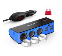 BESTEK 3-Socket Cigarette Lighter Adapter, 12V/24V 200W DC Cigarette Outlet Car Charger Splitter with 4-USB Ports Car Power Adapter for GPS, Dashcam, Low Voltage Protection with Replace Fuse