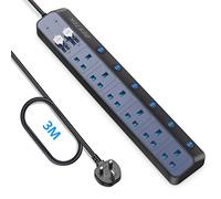BESTEK 3m Surge Protector Extension Lead, 6 Way Individual Switch Power Strip Plug Socket with 4 USB Ports (Black)