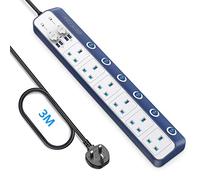 BESTEK 3m Surge Protector Extension Lead, 6 Way Individual Switch Power Strip Plug Socket with 4 USB Ports (Blue)