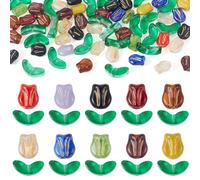 Bestewelry 100 Pcs Tulip Flower Leaf Glass Beads Bulk Tulip Floral Transparent Crystal Glass Beads Tulips Lampwork Bead for Necklace Earrings Jewelry Making DIY Crafts