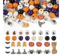 Bestewelry 104pcs Halloween Wood Beads Bulk Spider Ghost Bat Pumpkin Wooden Beads with 5m Jute Cord for Jewelry Making Home Party Decor