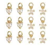 Bestewelry 12 Pcs Brass Micro Pave Cubic Zirconia Charms Heart Star Crystal Pendant Charms Real 18K Gold Plated Rhinestone Gemstone Pendant for Jewelry Making, Clear
