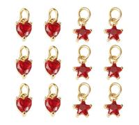 Bestewelry 12 Pcs Brass Micro Pave Cubic Zirconia Charms Heart Star Crystal Pendant Charms Real 18K Gold Plated Rhinestone Gemstone Pendant for Jewelry Making, Red