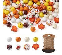 Bestewelry 120pcs Fall Wooden Round Beads Autumn Maple Leaf Wood Beads with Jute Cord for Thanksgiving Farmhouse Home Decor Jewelry Making