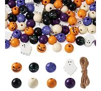 Bestewelry 120pcs Halloween Wood Beads Spider Web Ghost Cat Pumpkin Wooden Beads Bulk with Jute Cord for Jewelry Making Party Home Decor
