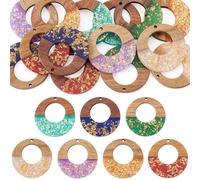 Bestewelry 14 pcs Flat Round Resin Walnut Wood Big Pendants Disc Coin Hollow Walnut Wood Pendants for Dangle Drop Earring Necklace Jewelry Making