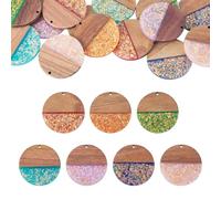 Bestewelry 14 pcs Flat Round Resin Walnut Wood Big Pendants Disc Coin Walnut Wood Pendants for Dangle Drop Earring Necklace Jewelry Making