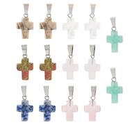 Bestewelry 14Pcs Natural Cross Stone Pendants Gemstone Cross Charms Pendant Mini Crystal Gemstone Religious Charms for Necklace Earring Bracelet Jewelry Making DIY Crafts