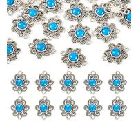 Bestewelry 20 Pcs Tibetan Style Alloy with Resin Imitation Turquoise Connector Charms Antique Silver Flower Links Charms Double-Loop Pendant Accessory for Jewelry Making 17x17mm