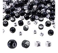 Bestewelry 300pcs Round, Cube, Flat Round Acrylic Beads Set - Letter A, E, Number 8, Yin Yang - Multiple Colors (Including Black) - Jewelry Making, Beading, Dangle Charms