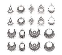 Bestewelry 36pcs Tibetan Antique Silver Chandelier Connector Charms Component Links Flat Round Teardrop Oval Vintage Filigree Hollow Pendants for DIY Earring Jewelry Making