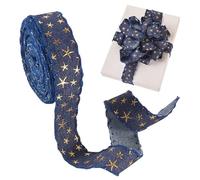 Bestewelry 5 Yards Denim Fabric Ribbon 3D Gold Star Stamping Print Ribbon Midnight Blue Jean Fabric Ribbons for Sewing Garment Curtain Decoration