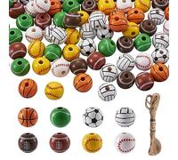 Bestewelry 96pcs Sport Theme Wood Beads Basketball Football Volleyball Baseball Natural Wooden Round Beads with Jute Cord for Jewelry Making
