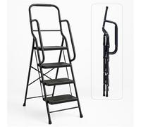 Bestfor Folding Ladder 4 Step, Cushioned Hand Rails, Extra Wide Non-Slip Steps, 150kg Limit, Durable Steel, Easy Fold & Carry, Space Saving, Black Step Ladder for DIY and Decorating