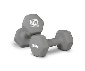 Bestfor Pair of 10kg Hex Anti Roll Non Slip Neoprene Dumbbell Weights For Exercise, Fitness, Workouts, Lifting with Exercise Chart Grey