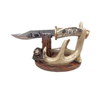 BestGiftEver Carved Handle Decorative Bear Blade Knife with Faux Antler Display Stand Hunting Cabin Home Decoration