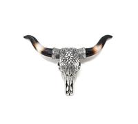 BestGiftEver Mini Tooled Bull Skull Wall Sculpture | Silver Scrolls Design | Rustic Southwestern Wall Decor | Small Black & White Horned Cow Skull | Western Home Decor | Animal Head Wall Hanging 6"