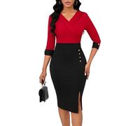 BestGirl Women's Peplum Dresses Bodycon 3/4 Sleeve Wear to Work Office Sheath Dress, Q Black Red, L