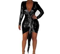 BestGirl Women's Sexy Dress Deep V Neck Long Sleeve Ruched Sparkly Bodycon Club Mini Dresses, A0 Black, L