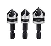 Bestgle 3pcs 1/4 Inch Shank Countersink Drill Bit Set, 5 Flute 90° Chamfering Cutter, High Carbon Steel Chamfer Tapered Bits for Woodworking & Metalworking, 12mm 16mm 19mm