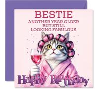 Bestie Birthday Card - Curler Cat - Happy Birthday Card for Bestie from Best Friend Family, 145mm Curler Cat Bday Greeting Cards