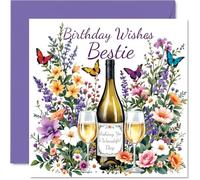 Bestie Birthday Card - Flowers & Wine - Happy Birthday Card for Bestie from Best Friend Family, 145mm Flowers & Wine Bday Greeting Cards