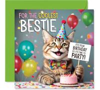 Bestie Birthday Card - Party Cat - Happy Birthday Card for Bestie from Best Friend Family, 145mm Celebration Cat Bday Greeting Cards