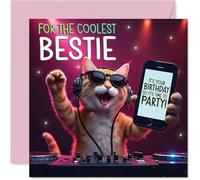 Bestie Birthday Card - Party DJ Cat - Happy Birthday Card for Bestie from Best Friend Family, 145mm deejay cat Bday Greeting Cards