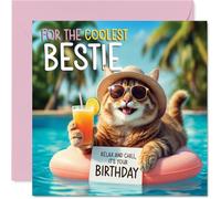 Bestie Birthday Card - Pool Cat - Happy Birthday Card for Bestie from Best Friend Family, 145mm pool cat Bday Greeting Cards
