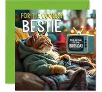 Bestie Birthday Card - TV Cat - Happy Birthday Card for Bestie from Best Friend Family, 145mm Cat Celebration Bday Greeting Cards