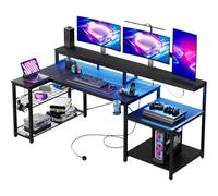 Bestier 181CM Gaming Desk with Power Outlets LED Lights L Shaped