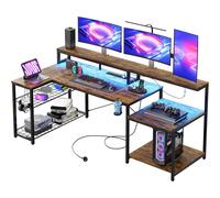 Bestier 181CM L Shaped Corner Desk with Power Outlets LED Lights