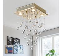 Bestier Gold Modern Crystal Square Raindrop Chandelier Lighting Flush Mount LED Ceiling Light Fixture Pendant Lamp for Dining Room Bathroom Bedroom