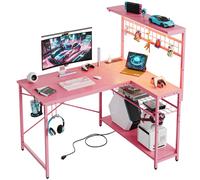 Bestier L-Shaped Gaming Desk with Power Outlets, LED Workstation with 4 Tiers Shelves for Home Office, Gamer Reversible Table with Hooks and Cup