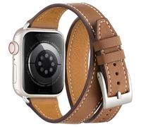 Bestig Compatible with Apple Watch Band 49mm 46mm 45mm 44mm 42mm(Series 3 2 1) for Women Men, Genuine Leather Double Tour Slim Wrap Strap for iWatch Ultra SE Series 9 8 7 6 5 4 3 2 1 (Brown+Starlight)