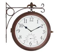 BESTIME 66276A Double Sided Metal Wall Clock with Antique Red Copper. Dial: 10-Inch,Thermometer, Quiet,Easy Read,Retro Station,Antique Hanging Clocks for Garden,Home Decor,Indoor,Outdoor,Living Room.