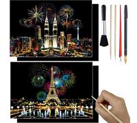 BESTING Scratch Paper Art Kits for Adults Rainbow Scratch Painting 4 Pcs 16" x 11.2" Scratchboard Art DIY Craft Malaysia Petronas Twin Towers Paris France Night View for Gift Decor and Relaxation