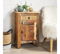 Bestiry Carved Side Table Recycled Wood End Table with Drawer and Cabinet, Distressed Paint Finish, Natural Nightstand 18" W X 13" D X 26" H No Assembly for Living Room Bedroom