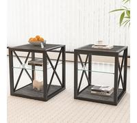 Bestiry End Table Nightstand Set of 2, Modern Industrial Side Table with Tempered Glass Top and Rustic Wood Grain MDF, 3-Tier Compact 17.7×17.7×21.1 Inch for Living Room Bedroom