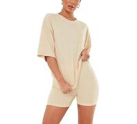 BESTITALIANUK Womens Oversized Plain T-Shirt Cycling Short 2 Pcs Set Ladies Gym Sports Active Loungewear Co-ords Suit