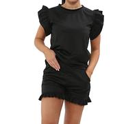 BESTITALIANUK Womens Plain Peplum Frill Sleeve Top Shorts Co ord Set New Ladies 2PCS Tracksuit Plus size 8-22 UK (Black, 12-14 UK)