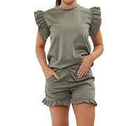 BESTITALIANUK Womens Plain Peplum Frill Sleeve Top Shorts Co ord Set New Ladies 2PCS Tracksuit Plus size 8-22 UK (Khaki, 16-18 UK)