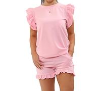 BESTITALIANUK Womens Plain Peplum Frill Sleeve Top Shorts Co ord Set New Ladies 2PCS Tracksuit Plus size 8-22 UK (Pink, 12-14 UK)