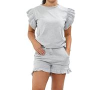 BESTITALIANUK Womens Plain Peplum Frill Sleeve Top Shorts Co ord Set New Ladies 2PCS Tracksuit Plus size 8-22 UK (Grey, 16-18 UK)