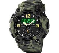 BESTKANG Large Face Outdoor Digital Sports Watches Mens Dual Dial Tactical Waterproof Watches LED Backlight Stopwatch Alarm Watch for Men, Green Camouflage, Military