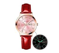 BESTKANG Leather Women Watches Ladies Dress Analog Quartz Date Classic Luminous Leather Strap 3ATM Waterproof Female Wrist Watch, Red and Pink, Fashion