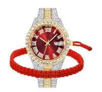 BESTKANG Unisex Luxury Iced Out Watch Mens Diamond Watches Roman Numerals Watches Quartz Analog Wrist Watch, Two tone red, Quartz Movement