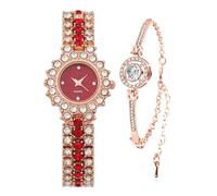 BESTKANG Women's Watch Two Tone Diamond Luxury Elegant Water Diamond Quartz Bracelet Set, Rose Gold Red, Fashion