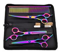 Bestmemories Dog Grooming Scissors Set Colorful Pet Scissors Set Pet Hair Cutting Teeth Shear Set Pet Grooming Curved Scissors Kit 7" Stainless Steel Hair Thinning Grooming Shear Comb Set (Colorful)